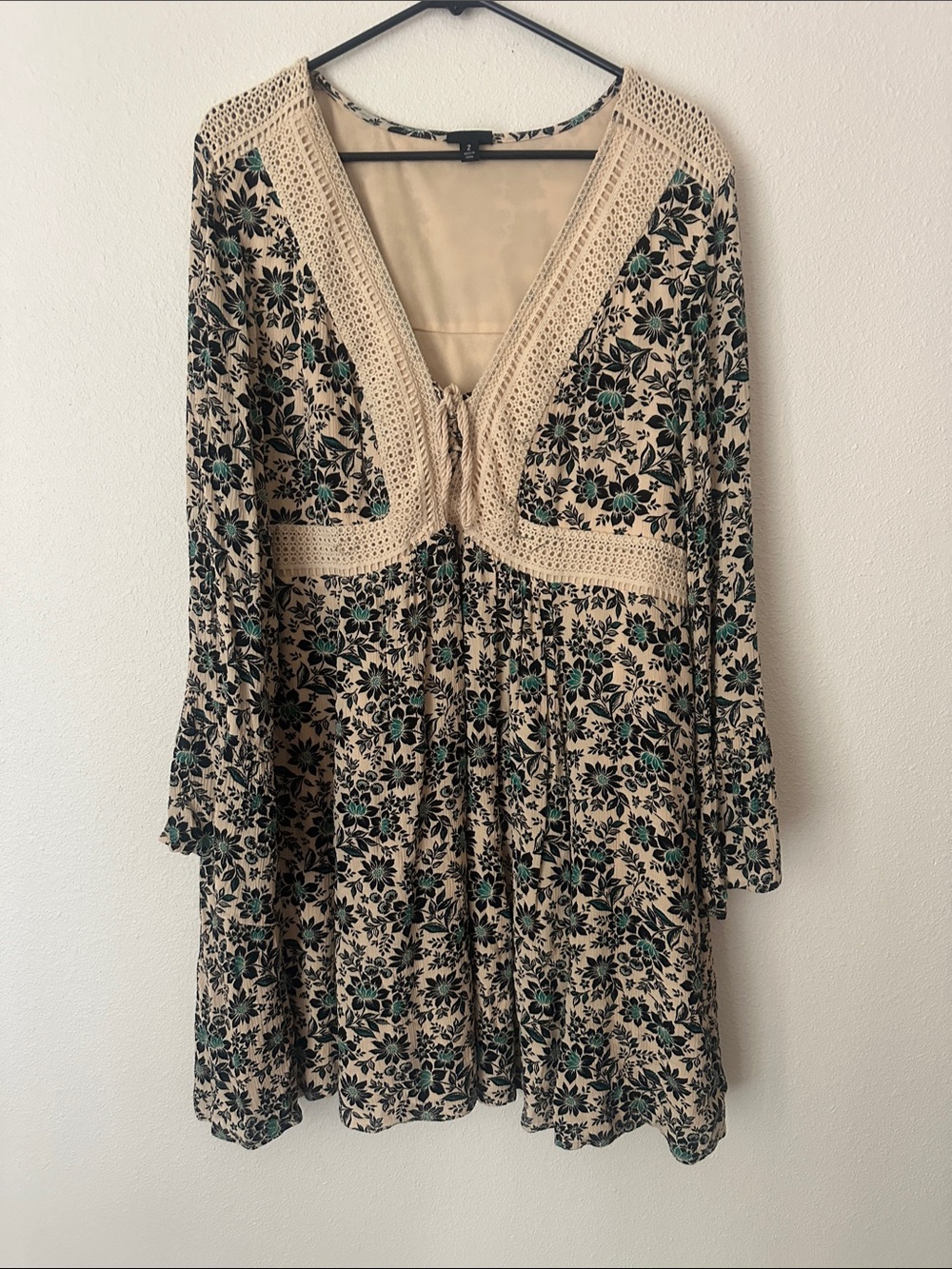 torrid Beige Floral Crochet-Trim Long Sleeve Dress with Teal Accents
